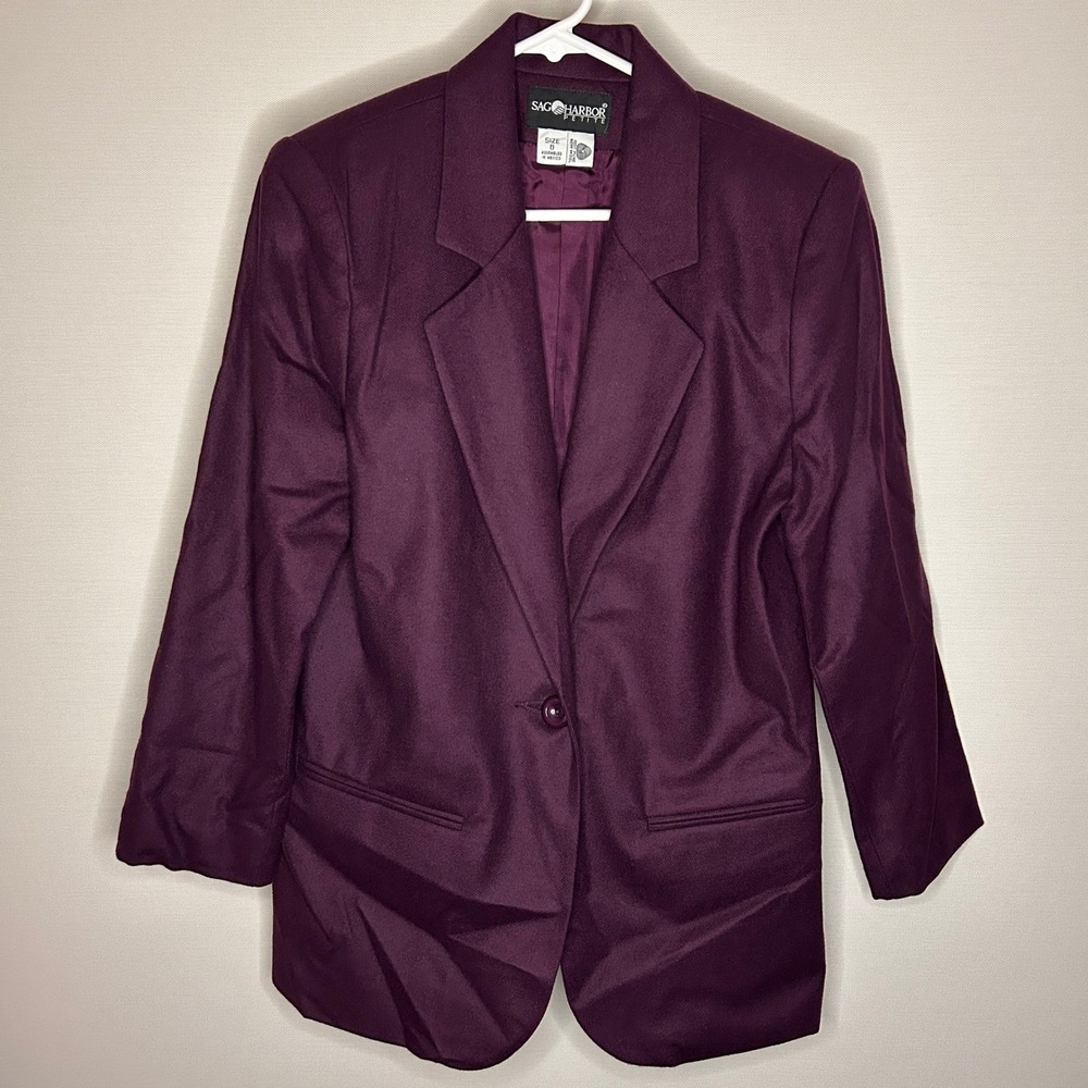 Vintage Sag Harbor Petite Purple 100% Pure Wool Blazer Jacket 8P Fall Minimalist